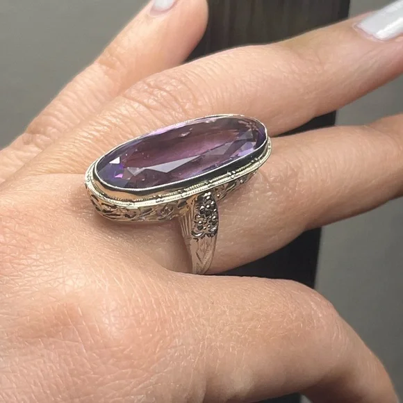 ANTIQUE 18K WHITE GOLD FILIGREE RING with FINE NATURAL  AMETHYST,ART DECO,1920's - Picture 2 of 9